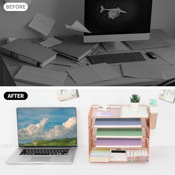 Desk Organizer and Accessories, 5-Tier Paper Letter Tray Organizer with Drawer & 2 Pen Holders for Desktop File Organization, Office Desk Accessories for Supplies Storage (Rose Gold)