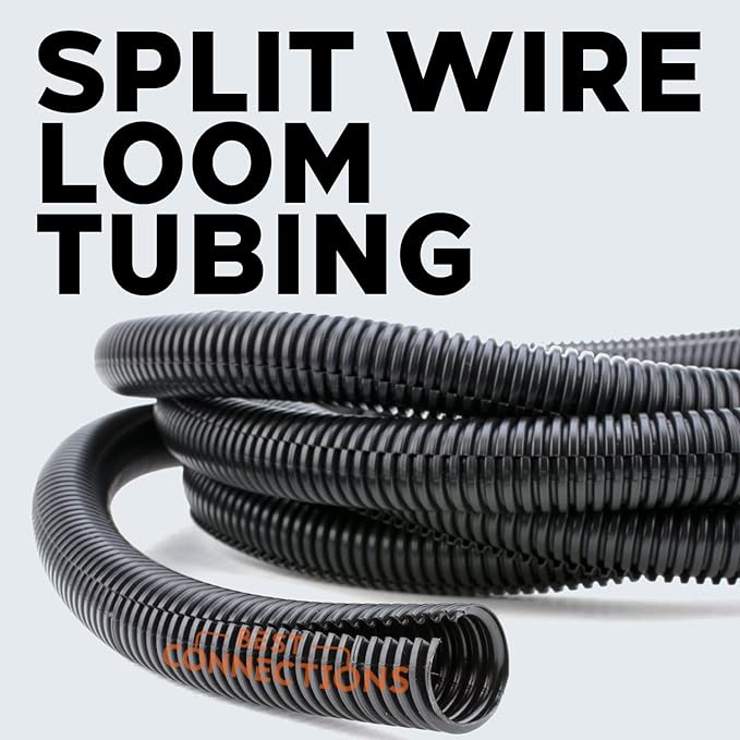 BEST CONNECTIONS Split Wire Loom Flex-Guard Convoluted Tubing Protective Split Cable Sleeves for Auto Home Industrial Electrical Wires Chemical Resistant Conduit Black (1/4", 3/8", 1/2" - 20ft ea)