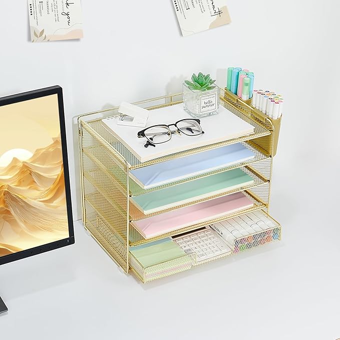 Desk Organizer and Accessories, 5-Tier Paper Letter Tray Organizer with Drawer & 2 Pen Holders for Desktop File Organization, Office Desk Accessories for Supplies Storage (Gold)
