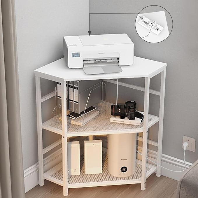 VEDECASA Corner Printer Stand Table with Power Outlet Charging Plugs USB Port Adjustable Storage Shelf Computer Tower CPU Stand Holder for Home Office (White)