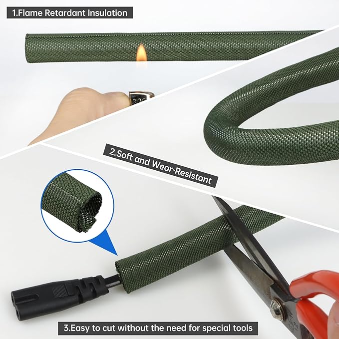 Split Braided Cable Sleeve，Flexible Wire Loom Tubing, Automotive Cord Protector Pet Proof, Cable Management for Computer TV Electric Wires Harness 16ft (Dark Green, 25mm（1")