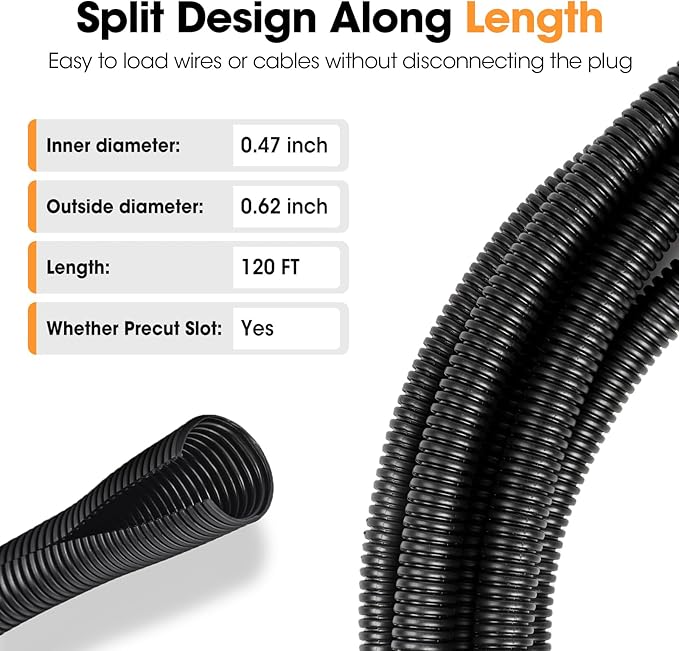120 FT Wire Loom 1/2 Inch, Split Wire Loom Tubing Wire Conduit, Wire Protector Tubing – Black