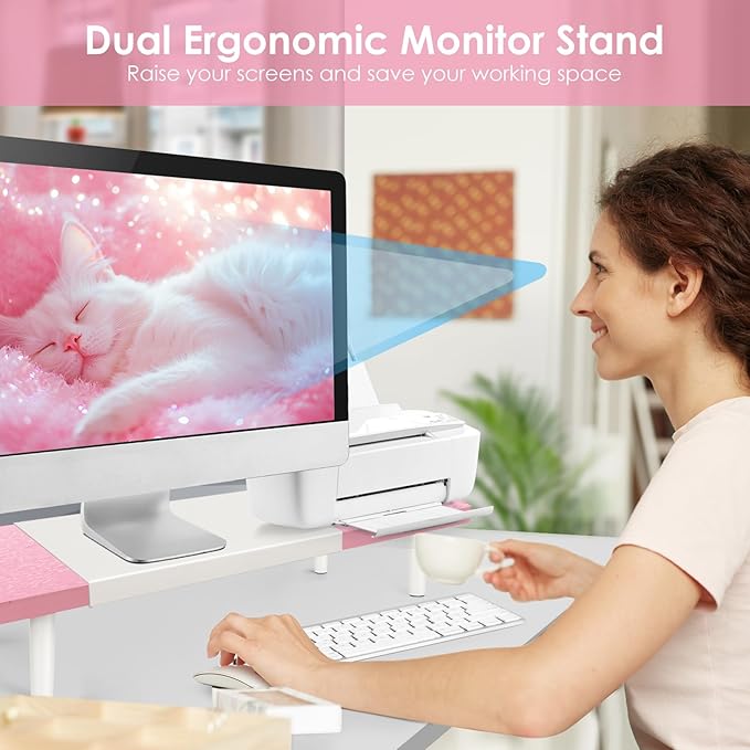 Dual-Monitor-Stand-Riser-For-Desk Adjustable Length 32-40 Inch，Large Desktop Computer Monitor Riser For 2 Screens，Desk Shelf Organizer Riser Stand For Computer/Laptop/PC/Printer/TV