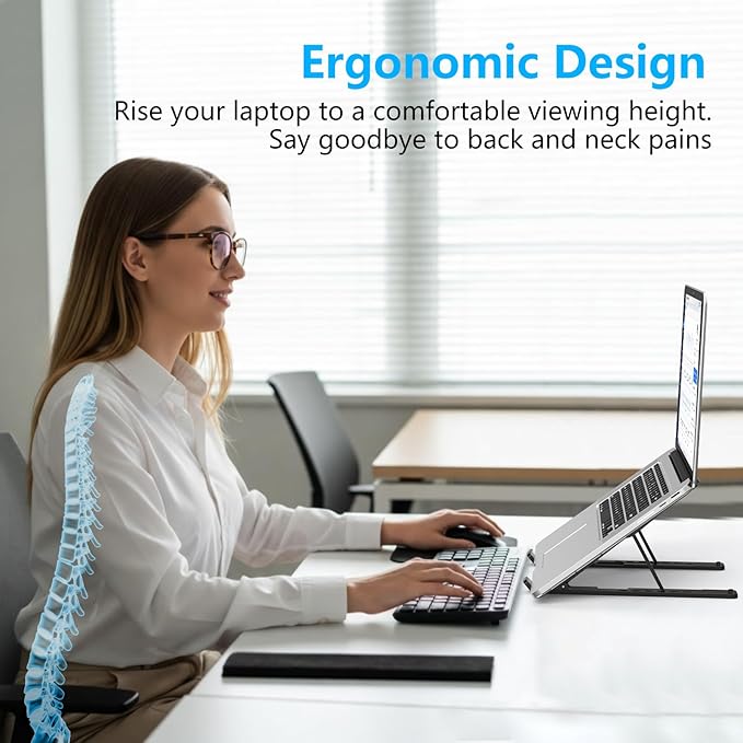 Adjustable Laptop Stand, Portable Laptop Riser for Desk, ABS+Silicone Foldable Ventilated Cooling Notebook Holder Stand for 10-15.6” Laptops, Tablets