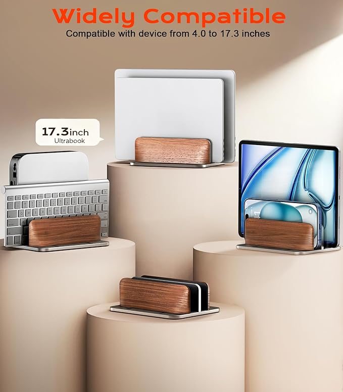 Vertical Laptop Stand, Walnut Dual Laptop Holder with Adjustable Aluminum Alloy Base Laptop Stand Compatible with All MacBok/Surface/Samsung/HP/Dell/Chrome Book (Silver)