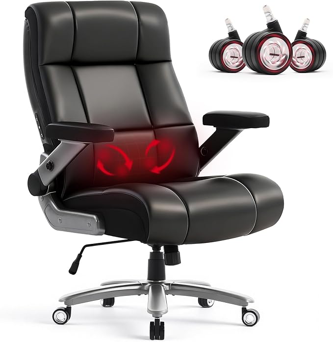 600LBS Big and Tall Massage Office Chair, Extra Wide Seat - 3D Kneading Massage & Heat Office Chair with Heavy Duty Metal Base, 3D Flip Arms, Leather Ergonomic with Thick Spring Cushion