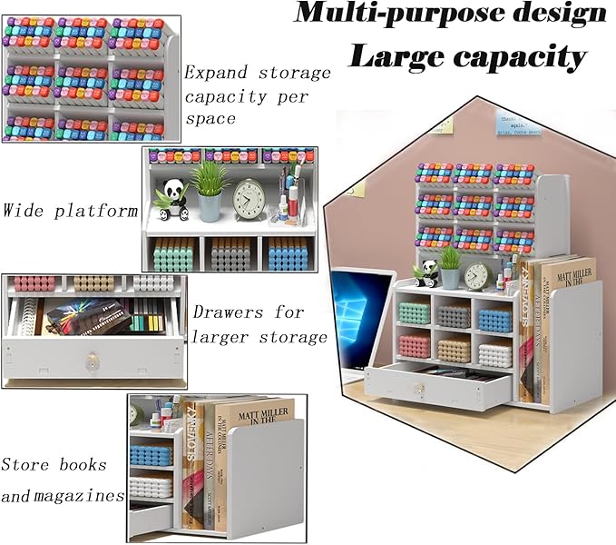 Pen organizer for desk,Marker organizer,Pen holder with drawer,Pencil Holder,with 15 Compartments and 1 Drawer, 1 File Holder Multi-Functional Desk Organizers (White)