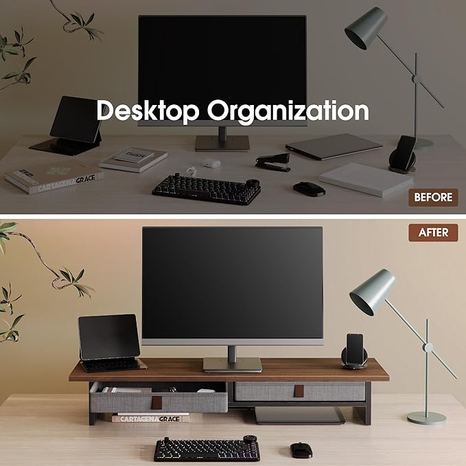 Fenge Monitor Stand with Drawer, 2 Tiers Dual Monitor Riser for Desk, 35 Inch Computer Stand for 2 Monitors, Desk Shelf for Home, Office, Laptop, PC, TV, Printer