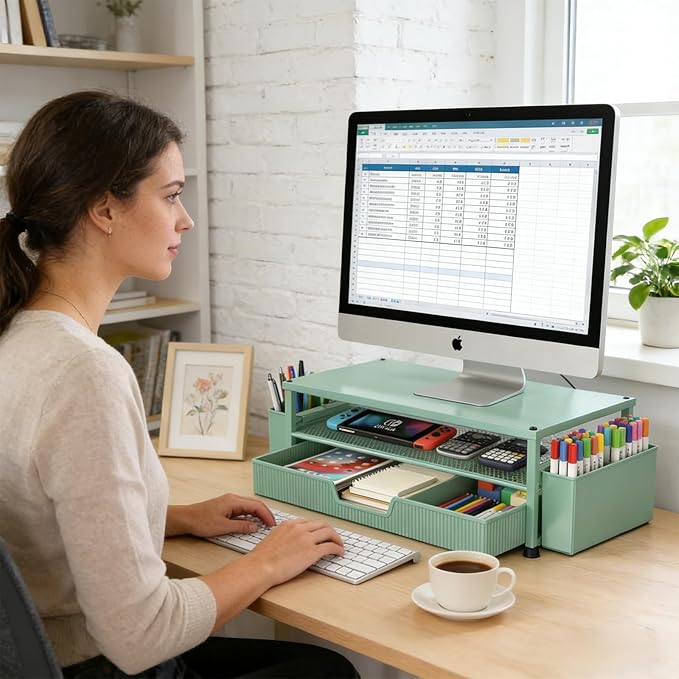 Desk Organizer and Accessories, 2-Tier Computer Monitor Stand Rise with Storage Drawer & 2 Pen Holders, Laptop & Printer Stand for Desktop, Workspace Organizers for Office Supplies (Green)