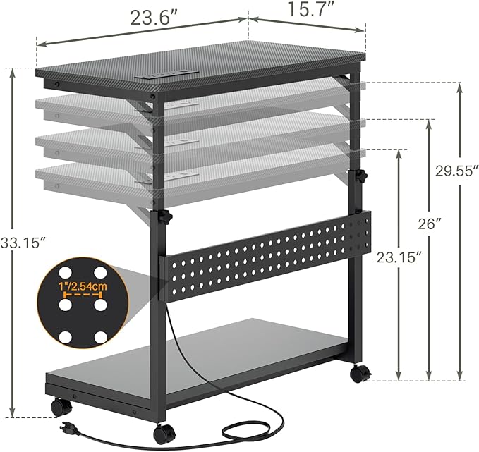 Computer Tower Stand with Power Strips, 4 Levels Manual Height Adjustable PC Tower Stand for Under Desk, Mobile Rolling CPU Holder, Computer Cart with Wheels, 24", Carbon Fiber Black