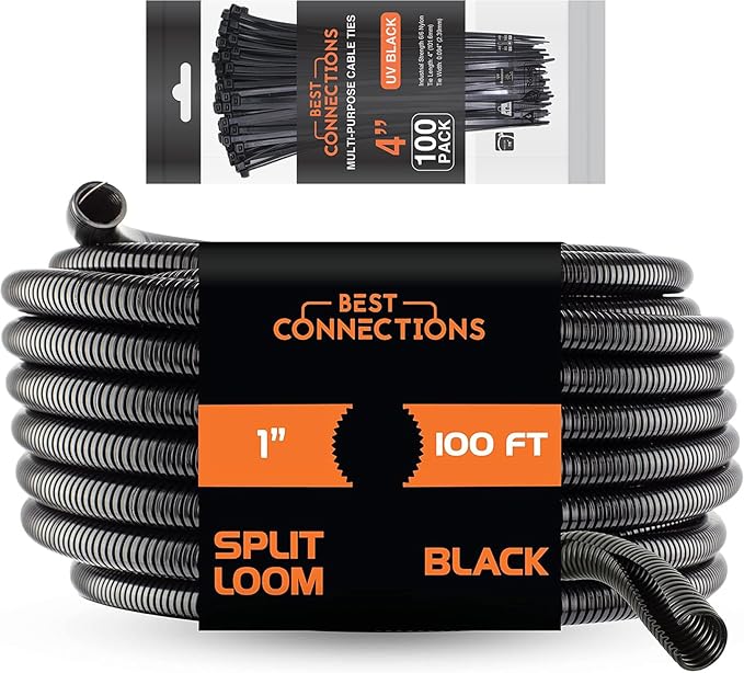 BEST CONNECTIONS 100 Ft – 1" Diameter Split Wire Loom Flex-Guard Convoluted Tubing with 100 Pcs 4" Nylon Cable Zip Ties Protective Split Cable Sleeves for Automotive Home Electrical Wires Black