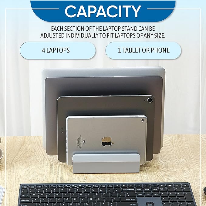 Elestoria 5- Slot Vertical Laptop Stand - Aluminum Laptop Stand Vertical for Desk - Adjustable Width (12-38mm) Fits MacBook Pro/Air, Surface & Gaming Laptops upto 17.3" - Heavy Duty Laptop Holder-Grey