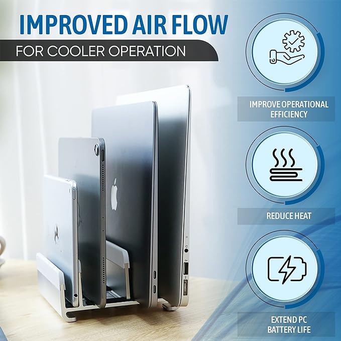 Elestoria 5- Slot Vertical Laptop Stand - Aluminum Laptop Stand Vertical for Desk - Adjustable Width (12-38mm) Fits MacBook Pro/Air, Surface & Gaming Laptops upto 17.3" - Heavy Duty Laptop Holder-Grey