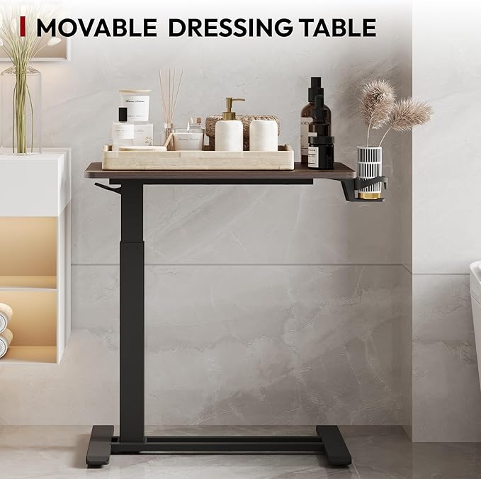 SANODESK Mobile Standing Desk with Hidden Wheels,Pneumatic Laptop Desk Rolling Computer Cart Movable Height Adjustable Small Sit Stand Desk for Home Office(27.6" W x 15.7" D, Maple)