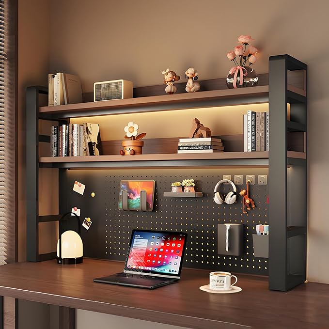 2/3 Tier Desk Hutch with Pegboard, Desk Shelf Organizer with Metal Frame, Space Saving Desktop Bookshelf, Desktop Shelf Organizer Display Rack for Study Table, Home, Of Black+Brown 61×10×37"(3-Tiers)