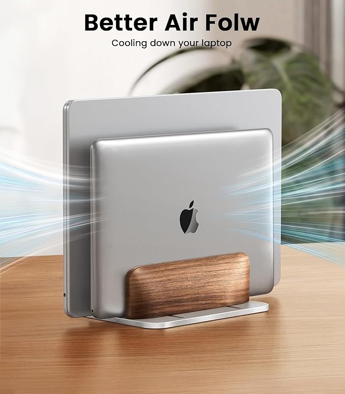𝟮𝟬𝟮𝟲 𝗨𝗽𝗴𝗿𝗮𝗱𝗲𝗱 Vertical Laptop Stand, [Black Cedar Wood Dual-Slot], Desktop Aluminum Alloy MacBook Stand, Adjustable Base, for MacBook Pro/Air, (up to 17.3-inch gaming laptops), Silver