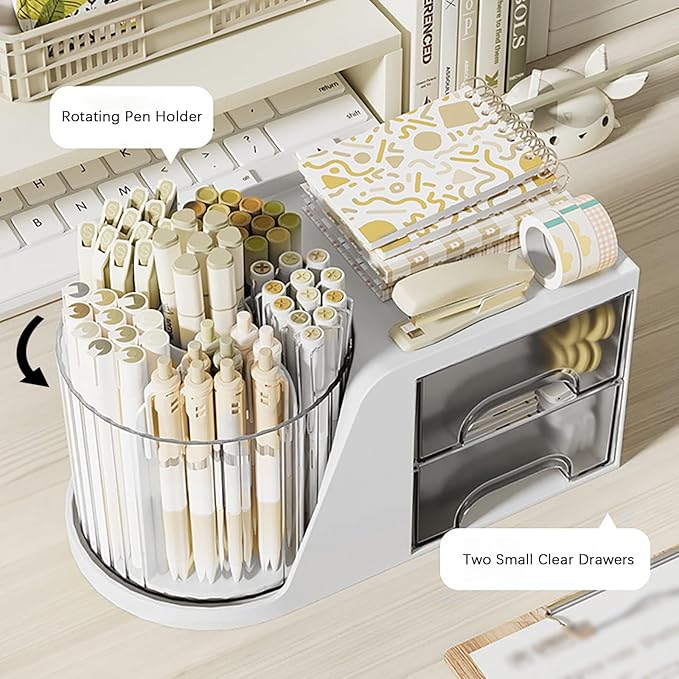 Desk Organizer with Rotating Pencil Pen Holder and 2 Small Drawers, Desk Caddy for Office Workspace Organization and Storage (White)