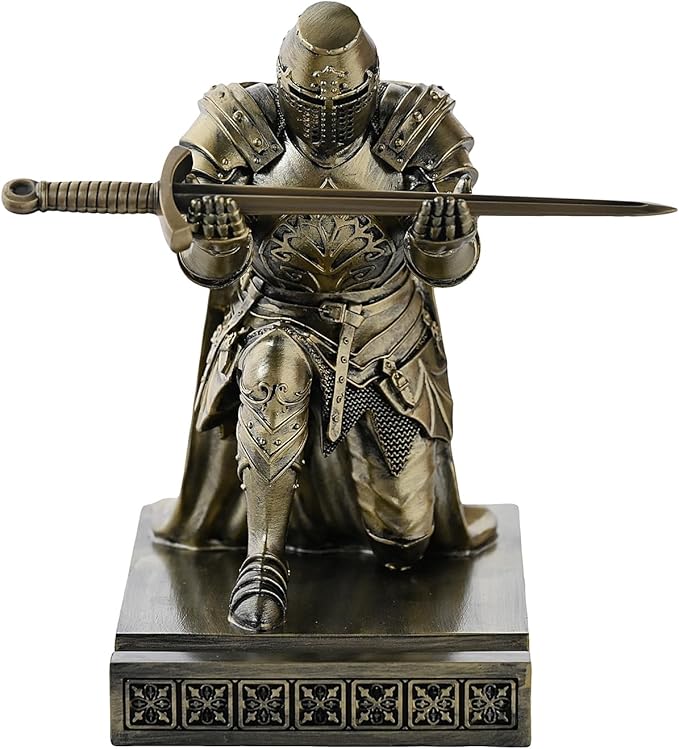Medieval Templar Vanguard Officer Knight Pen Holder Pen Stand Desk Organizers and Accessories Resin Mobile Phone Stand as Gift for Office and Home Desk Organizer (Bronze)