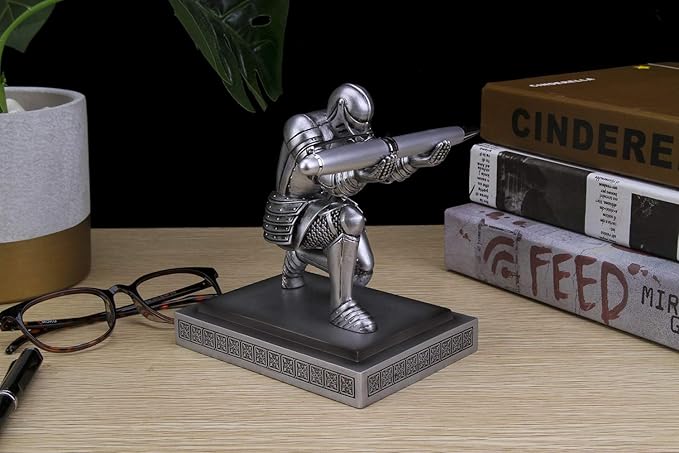 Knight Pen Holder Desk Organizers and Accessories Desk Decor Resin Pen Holder as Gift with a Cool Pen for Office and Home (Silver)