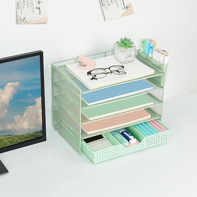 Desk Organizer and Accessories, 5-Tier Paper Letter Tray Organizer with Drawer & 2 Pen Holders for Desktop File Organization, Office Desk Accessories for Supplies Storage (Green)
