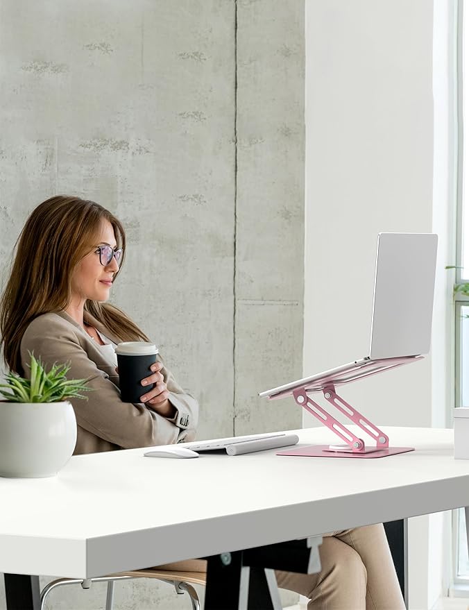 ALASHI Laptop Stand for Desk with 360° Rotating Base, Multi-Angle Adjustable Laptop Stands, Foldable Laptop Riser Compatible with 10 to 15.6 Inches PC Computer, Pink