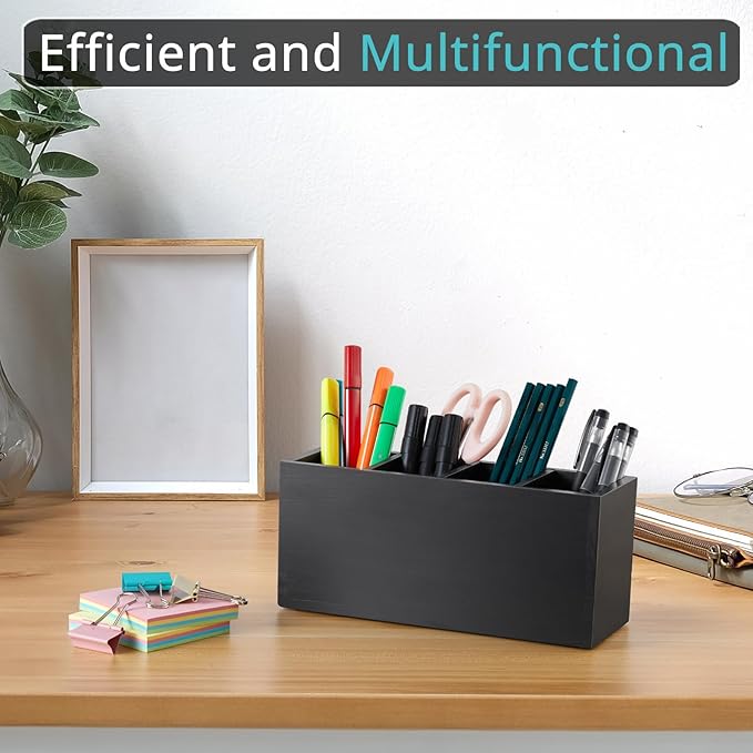 Bivvclaz Pencil Pen Holder for Desk, Wooden Office Desk Organizers and Accessories with 4 Slots for Countertop, Makeup Brush Holder Organizer for Bathroom Vanity, Silverware Caddy for Party, Black