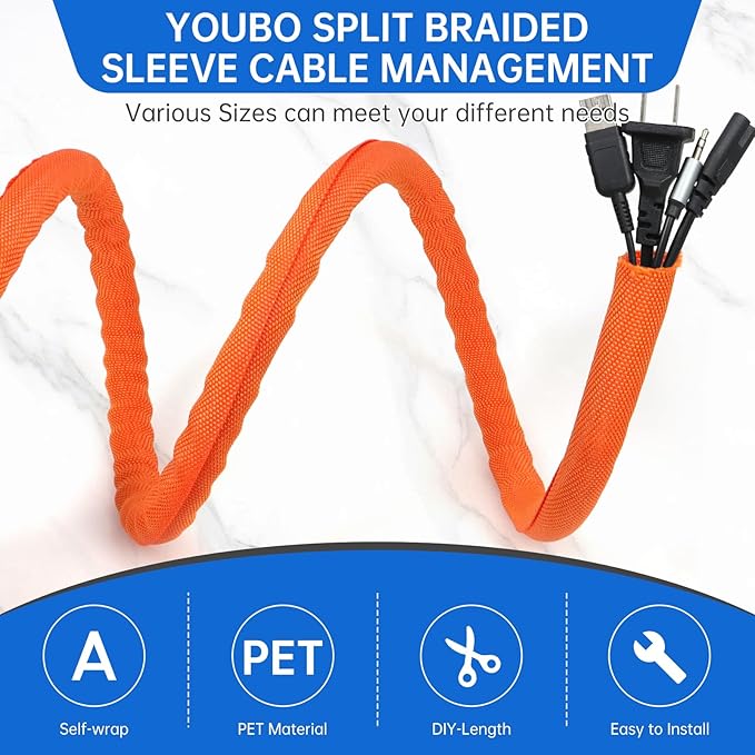 Split Braided Cable Sleeve，Flexible Wire Loom Tubing, Automotive Cord Protector Pet Proof, Cable Management for Computer TV Electric Wires Harness 16ft (Orange, 8mm（5/16")