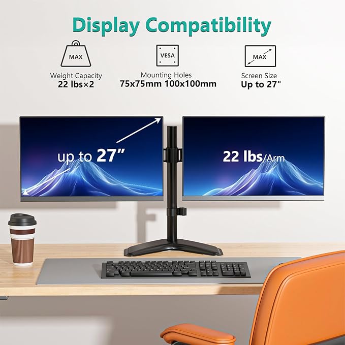 WALI Dual Monitor Stand for Desk, Monitor Stands for 2 Monitors up to 27 inch, Dual Monitors Mount Fits up to 22lbs, Free Standing Full Motion Dual Monitors Arm for Desk (MF002), Black