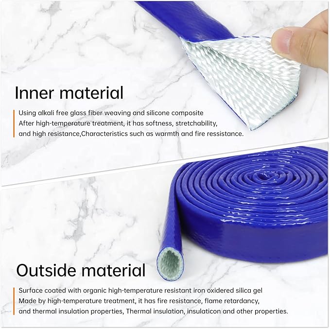 High Temp Fire Sleeve, Fiberglass Braided Heat Shield for Automotive Fuel Line & Wiring Harness, Silicone Coated Fireproof Protection Tube (Blue, 25mm(1")-3.3ft)