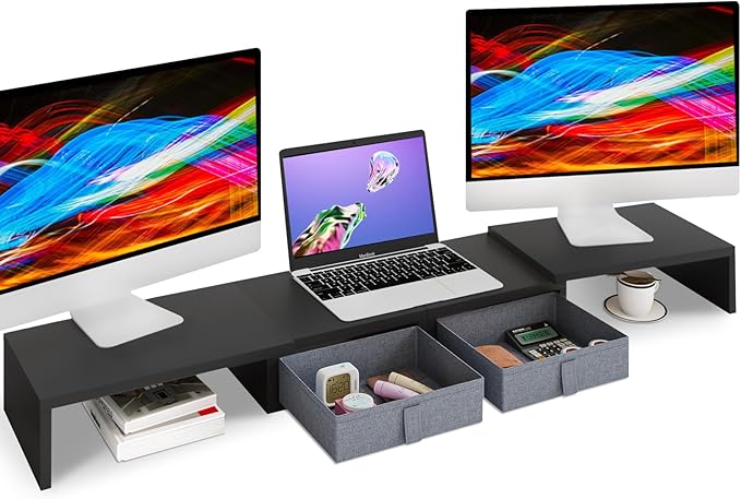 TEAMIX Wood Dual Monitor Stand Riser with Drawers-Length and Angle Adjustable Triple Monitor Stand with Storage Large Computer Riser for 2/3 Monitors/Laptops/PC/Printers