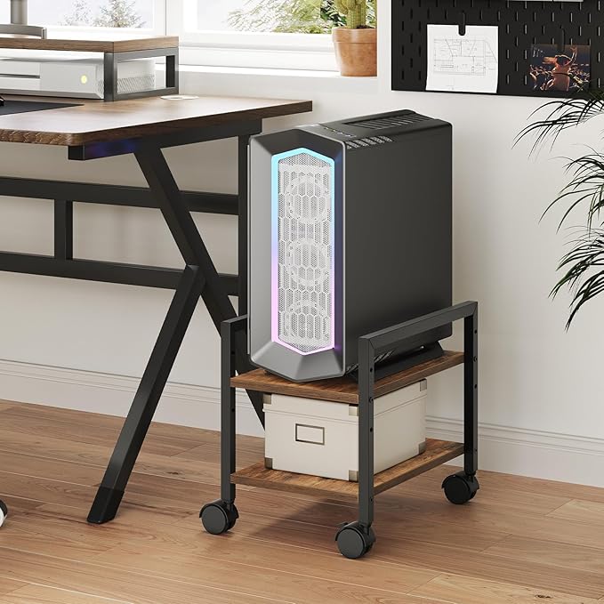 HOOBRO PC Stand, 2-Tier PC Tower Stand Fits Most Computer Towers, CPU Holder for Floor, Height Adjustable, CPU Stand with Wheels Under Desk, for Home Office, Rustic Brown and Black BF11CJ01