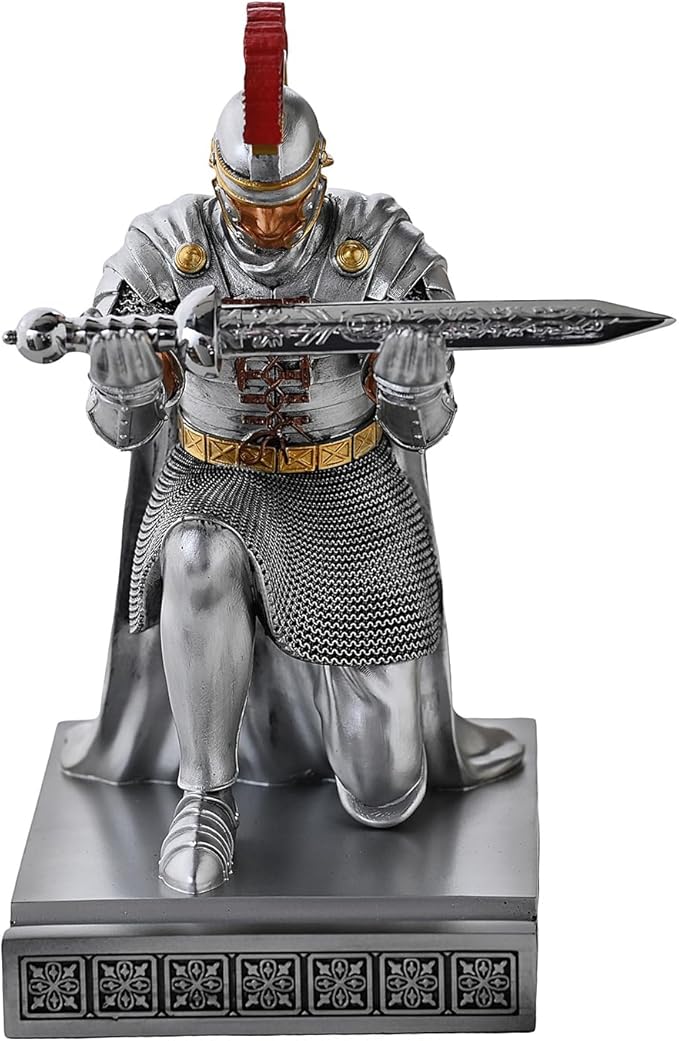 Roman Praetorian Prefect Warrior Knight Pen Holder Desk Ornament Resin Praetorian Guard Mobile Phone Stand Desk Accessories and Organizer for Office with a Letter Opener (Silver)