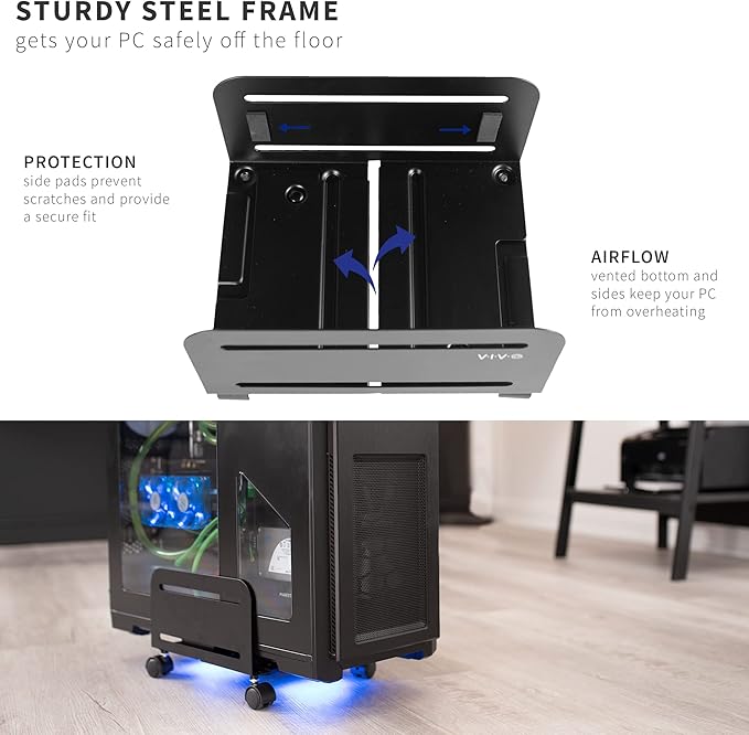 VIVO Large Computer Tower Desktop ATX-Case, CPU Steel Rolling Stand, 7.8 to 14 inch Wide Adjustable Mobile Cart Holder with Locking Caster Wheels, Gaming PC Holder, Black, CART-PC01L