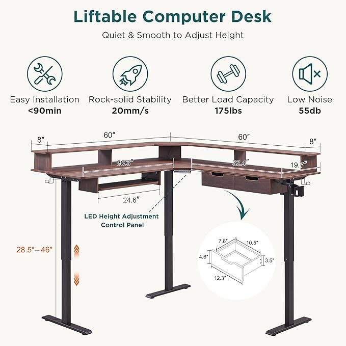 RedLemon 60 Inches L Shaped Electric Standing Desk, Height Adjustable Corner Gaming Desk with Drawers, Keyboard Tray, Power Outlets & LED Lights, Computer Desk with Monitor Shelf, Dark Walnut