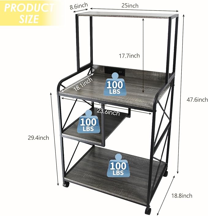 Printer Stand, 23 x 18 Inch Printer Table for Home Office, Large Printer Stand with Storage, 4 Tier Modern Home Printer Cart with Wheels & Socket, Computer Tower Stand CPU Stand, Grey