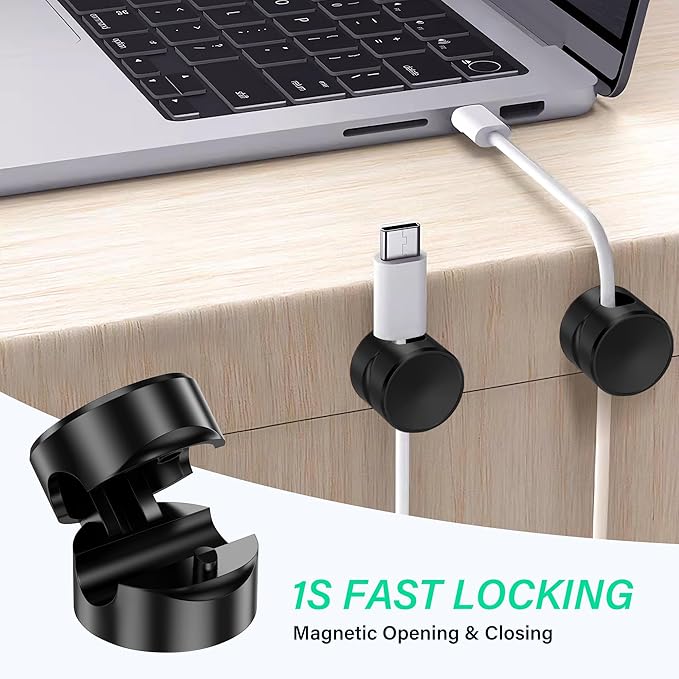 Cable Organizer Clips, 6 Pack Adhesive Cable Management Holders with Double-Sided Tape, Non-Rotating Cord Organizer for Desk, Office, Home to Tidy Charging Cables, Computer Wires (Black)