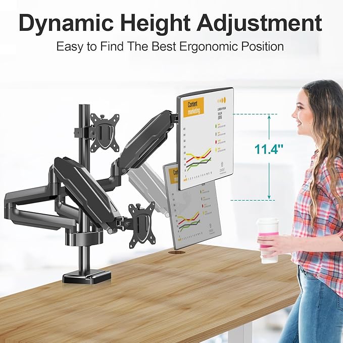 MOUNT PRO Triple Monitor Mount, 3 Monitor Desk Mount for Three Screens up to 32 Inch, Full Motion Gas Spring Heavy Duty Arm Hold up to 19.8lbs Each, Black