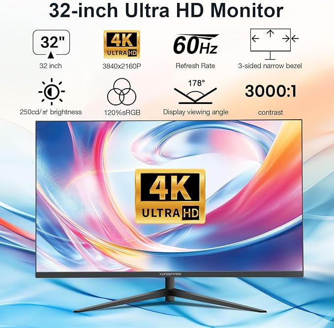 32 Inch 4K UHD Monitor, 3840 x 2160 Fast IPS Computer Monitor, 3000:1 Contrast, sRGB 120%, Blue Light Filter, Free-Sync, Zero Frame Screen With HDMI, DisplayPort for Home and Office, VESA(100x100mm)