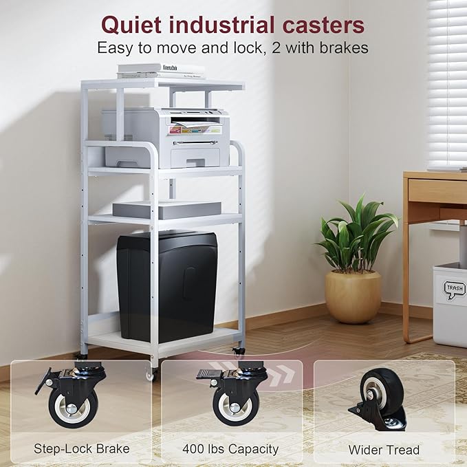 4-Tier White Printer Stand with Wheels, Extra Large Tall Printer Table with Storage Shelf, 4 Tier Printer Cart, Home Printer Stands (White)