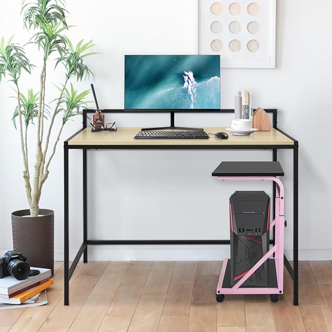 Computer Tower Stand, 2-Tier CPU Holder with Lockable Wheels, Adjustable Height PC Stand for Floor, Mobile PC Laptop Standing Table for Home Office (Black and Pink)