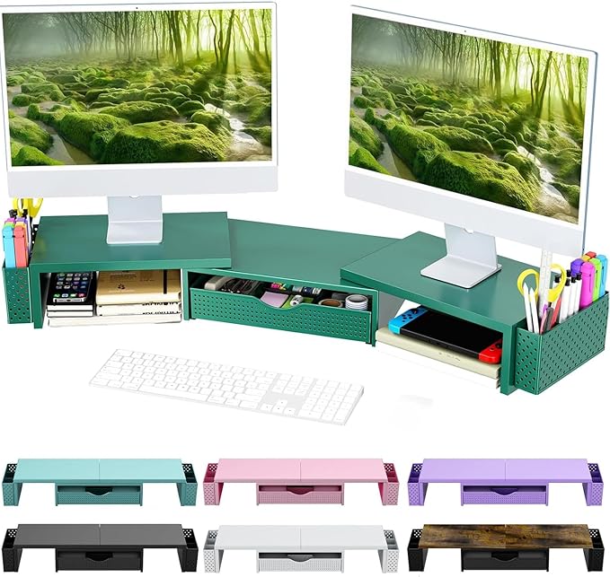 Spacrea Metal Desk Organizers and Accessories, Dual Monitor Stand Riser with Drawer and 2 Pen Holders, Desk Accessories & Workspace Desktop Organizers for Office Supplies (Dark Gree)