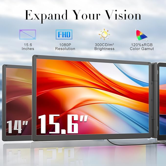 Teamgee 15.6” Laptop Screen Extender with Power Bank, FHD 1080P IPS Triple Monitor, HDMI/USB/Hub Plug-Play Display, Fits 13-17" Laptops (Mac/Windows/Android), Ideal for Home Office/Small Business