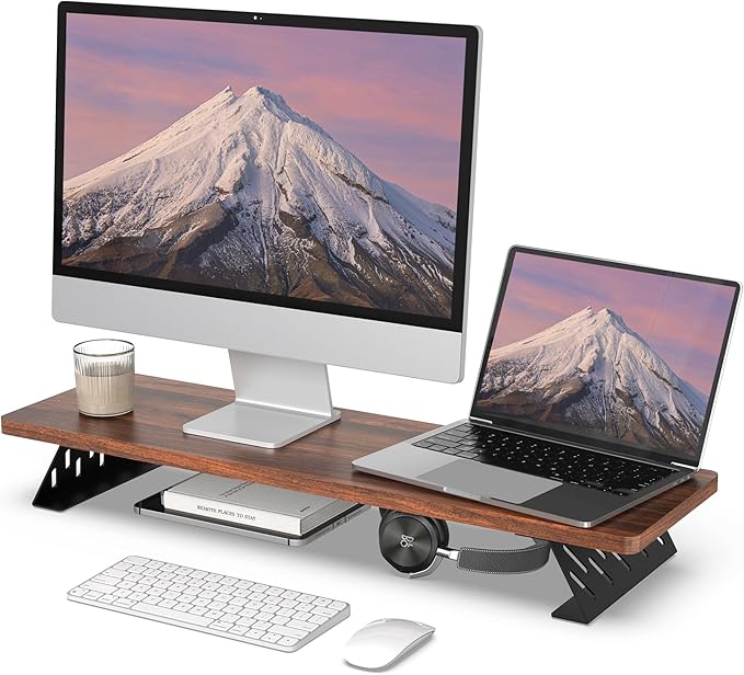 Fenge Monitor Stand Riser, Desk Top Shelf for 2 Monitors, Computer Stands for Desk, Wood & Steel Desktop Riser for Laptop, PC, Printer