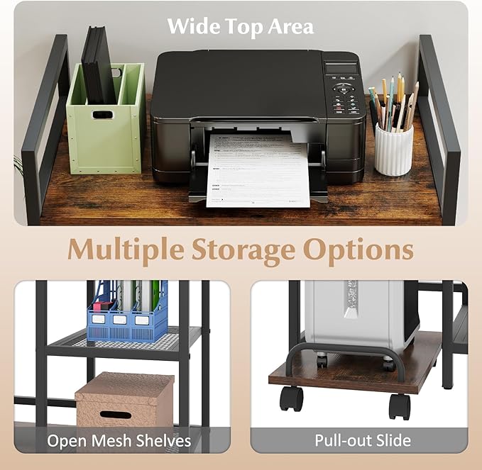 Giantex 3-Tier Printer Stand with Charging Station, 2 Open Storage Shelves, Side PC Stand on Wheels, 25" x 16" Mobile Printer Table for Computer Tower, Printer Shredder, Fax, Under Desk, Home Office