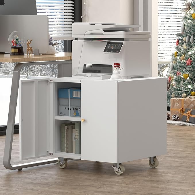 Metal Printer Stand, Rolling Table for Printers, Large 3D Printers Table with Storage, Office Printer Stand for Copier, Fax, Heavy Duty Stands with Shelf for School, Workplace, White