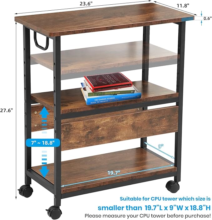TooCust Computer Tower Stand, Computer & Machine Carts, Computers Towers Floor Stand, PC Towers Shelf, 3-Tier PC Tower Floor Stand with Side Shelf, Mobile Rolling CPU Holder Cart for Home Office