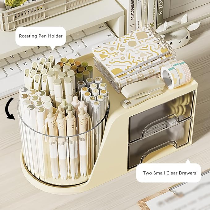 Desk Organizer with Rotating Pencil Pen Holder and 2 Small Drawers, Desk Caddy for Office Workspace Organization and Storage (Beige)