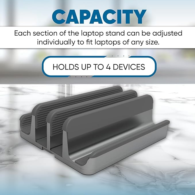 Elestoria 4 - Slot Vertical Laptop Stand - Aluminum Laptop Stand Vertical for Desk - Fits MacBook Pro/Air, Surface, Mobiles & Gaming Laptops up to 17.3" - Heavy Duty Laptop Holder for Desk - Grey