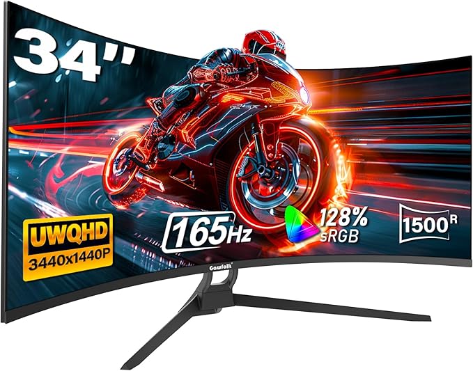 Gawfolk 34 Inch Ultrawide Curved Gaming Monitor, 1500R PC Screen 165hz UWQHD 4K, Curved Computer Screen with FreeSync, Support Wallmount 75x75mm-Black