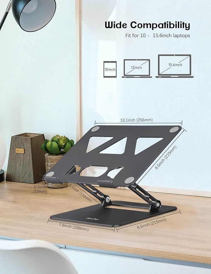 Adjustable Laptop Stand for Desk, Portable Laptop Stand Holder and Riser, Foldable Aluminum Notebook Computer Stand for MacBook Air Pro HP Lenovo Dell Samsung Chromebook, 10-15.6 inch, Black